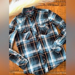 Rock & Republic Women’s Blue plaid Orange Long Sleeve Button Up Shirt